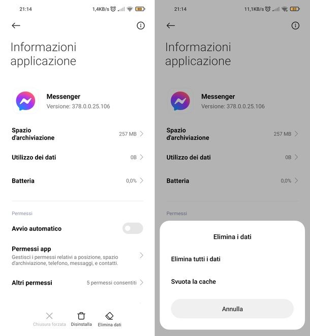 Cancellazione dati Messenger Android