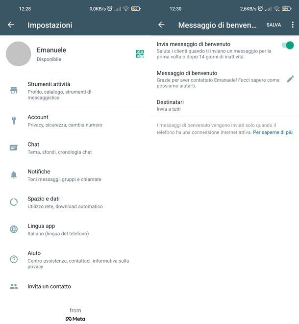 WhatsApp Business messaggio benvenuto