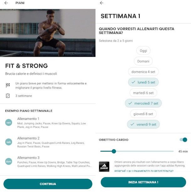 impostazione piani di allenamento app Adidas Training