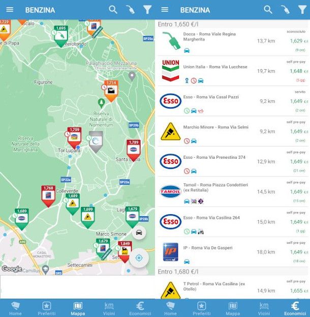 schermata ricerca stazioni di servizi app Prezzi benzina