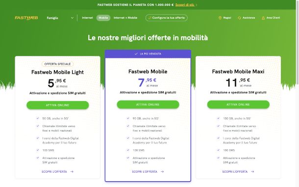 Schermata delle offerte 5G di Fastweb