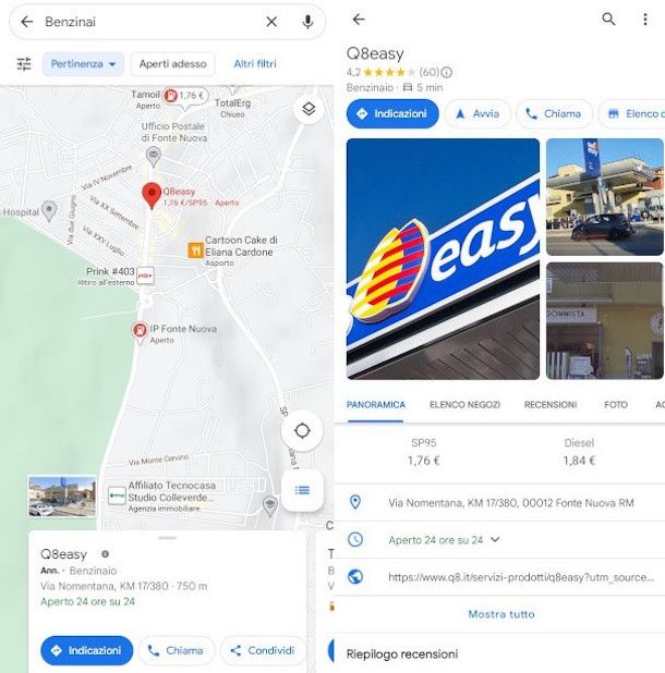 schermata ricerca benzinai app Google Maps