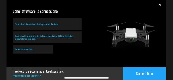Schermata iniziale dell'app Tello
