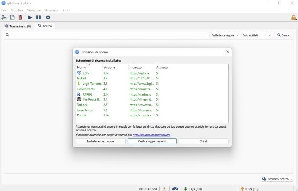 qBittorrent per Windows — Estensioni di ricerca