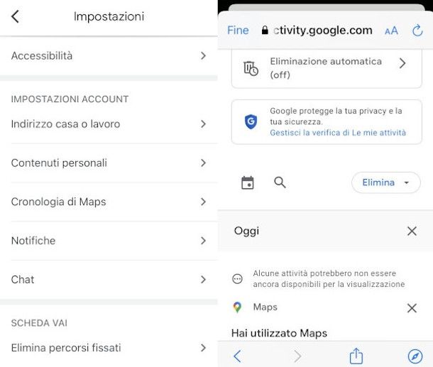 schermate eliminazione cronologia Google Maps su iPhone