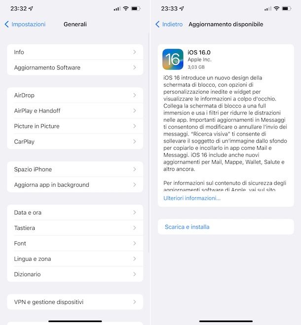 Aggiornamento iOS 16