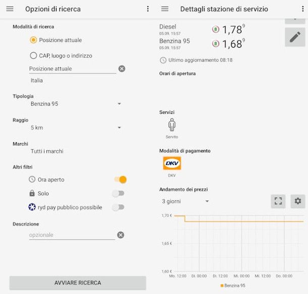 schermata impostazione paranetri di ricerca distributori carburanti app Fuel Flash