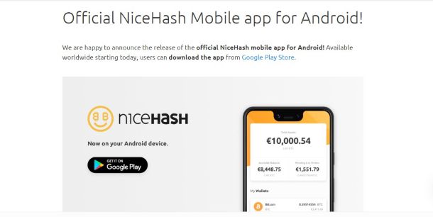 Nicehash applicazione per smartphone