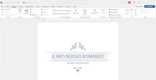 impostazione frontespizio documento Word