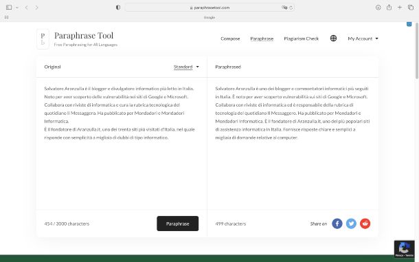 Paraphrase Tool: esempio di riscrittura
