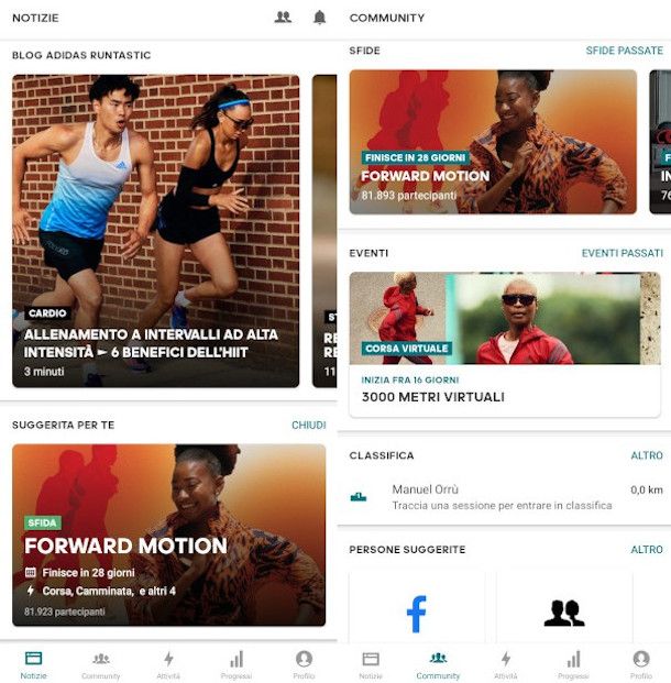 sezioni Notizie e Community app Adidas Running