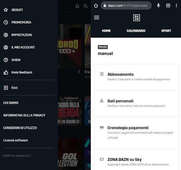 accesso gestione abbonamenti sito DAZN da app