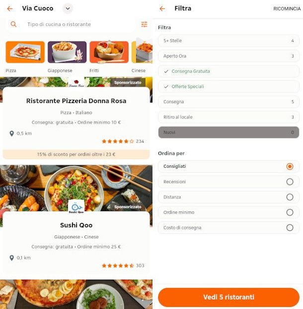 funzioni per applicare filtri app Justeat