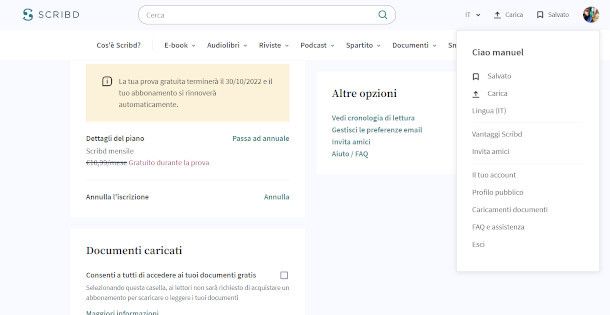 disattivazione abbonamento Scribd da sito