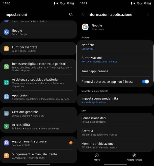 Riattivare app Google Impostazioni Android