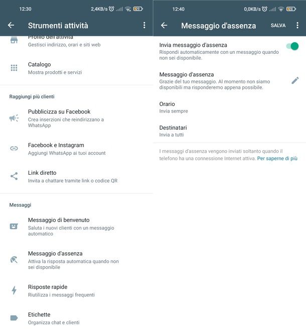 WhatsApp Business messaggio assenza