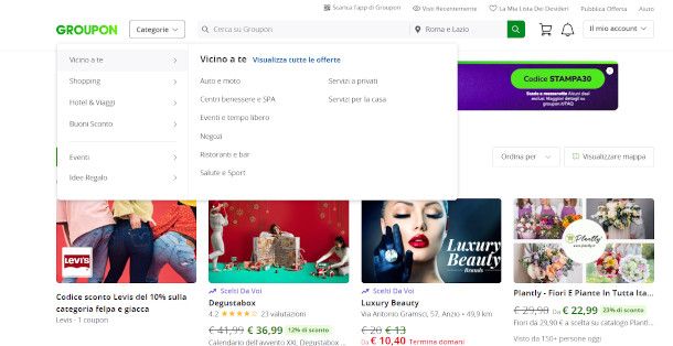 selezione categoria su sito Groupon