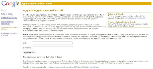 interfaccia strumento aggiunta URL di Google