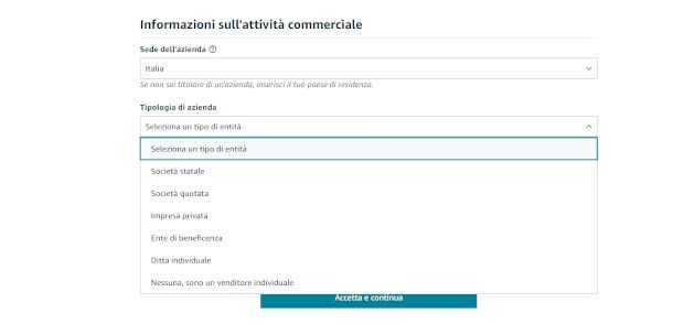 seleziona tipologia azienda account venditore