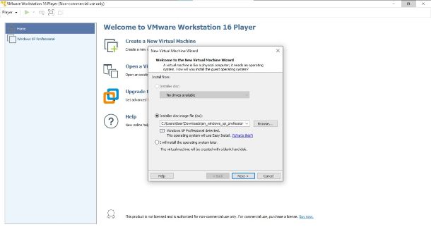 VMware Workstation Player: installazione Windows XP