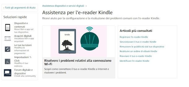 pagina di supporto su Amazon per dispositivi Kindle