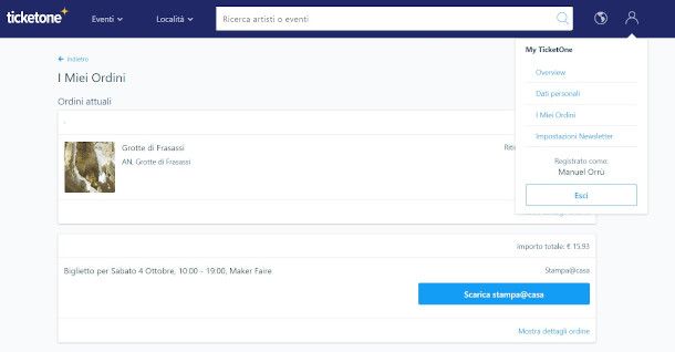 visualizzazione ordini sito TicketOne