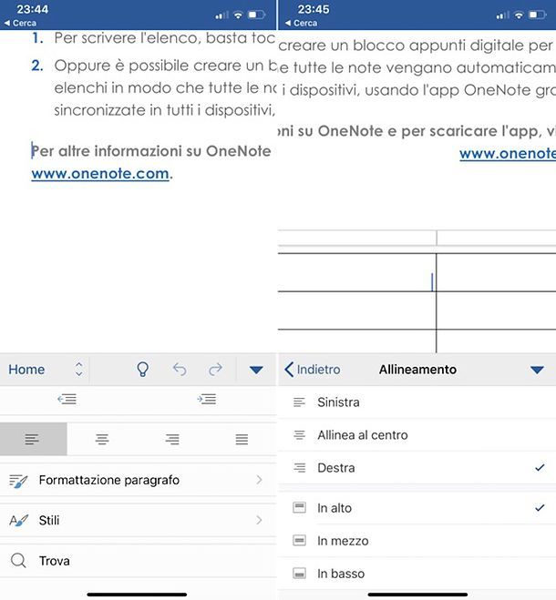 Allineare un testo con Word su smartphone e tablet