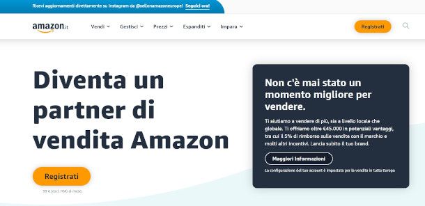 pagina principale creazione account venditore Amazon