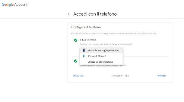 selezione dispositivo modalità accesso con telefono Google