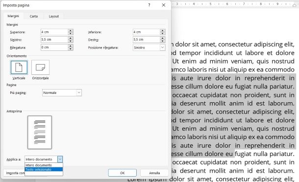 Impostare margini del testo selezionato