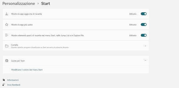 personalizzazione menu Start su Windows 11