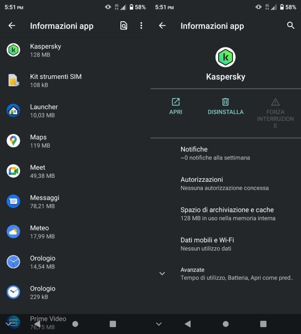 Disinstallazione Kaspersky da Android
