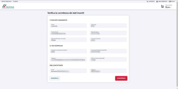 Dati registrazione Trenitalia