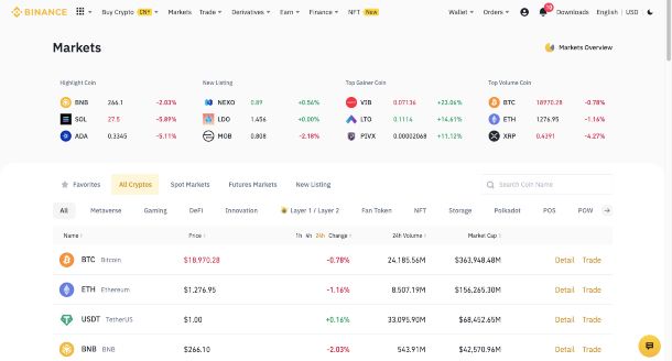 Schermata iniziale di Binance