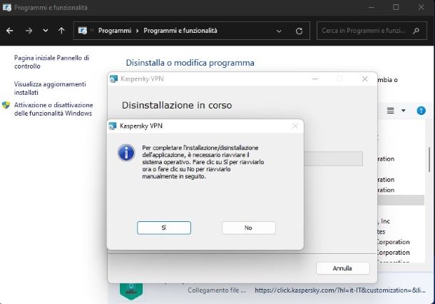 Disinstallazione Kaspersky VPN da Windows