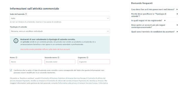 seiozne info personali creazione account venditore Amazon