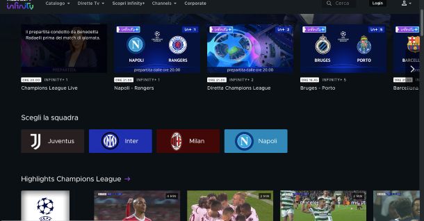 Mediaset Infinity sezione Sport