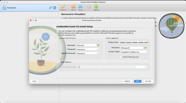 VirtualBox: schermata installazione