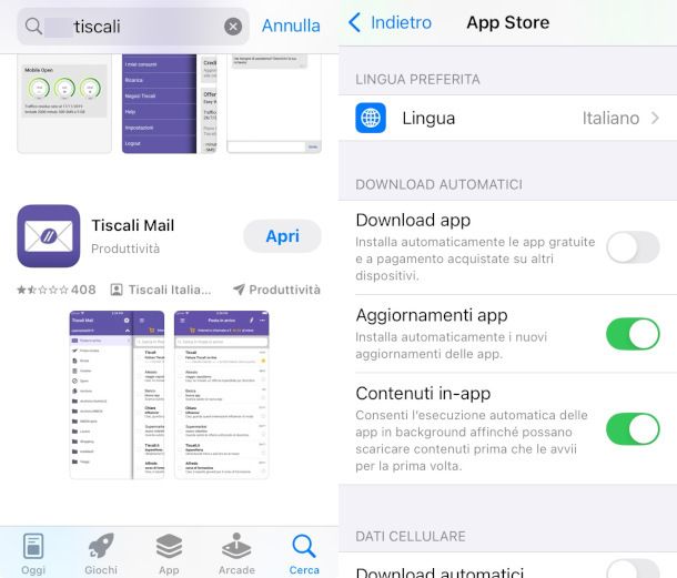 schermata app Tiscali Mail e aggiornamento automatico app