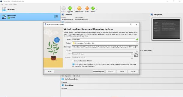 VirtualBox 7, schermata di configurazione
