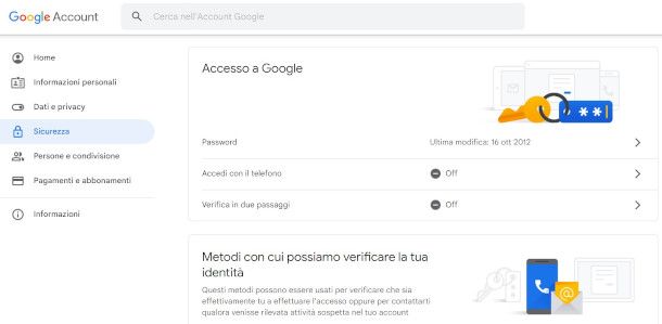 schermata impostazioni di sicurezza Google da PC