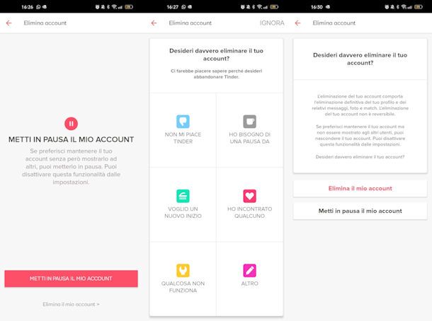 Eliminare profilo Tinder su Android