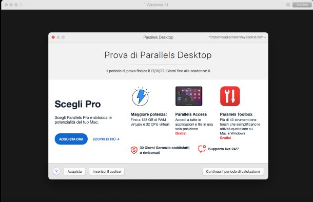 Parallels Desktop — Schermata di prova