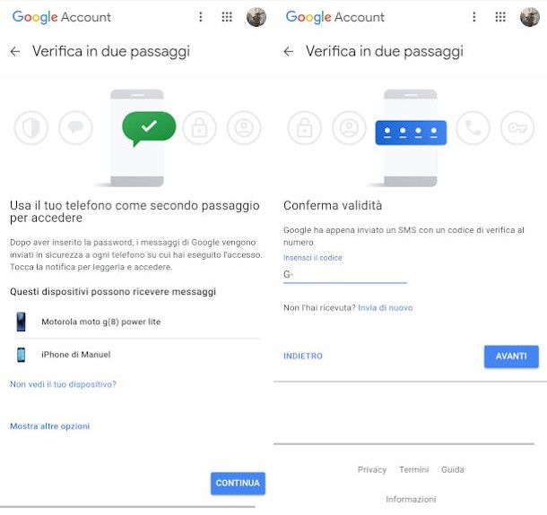 attivazione verifica in due passaggi Google da mobile