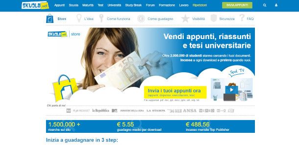 caricamento appunti per vendita su sito sito Skuola.net