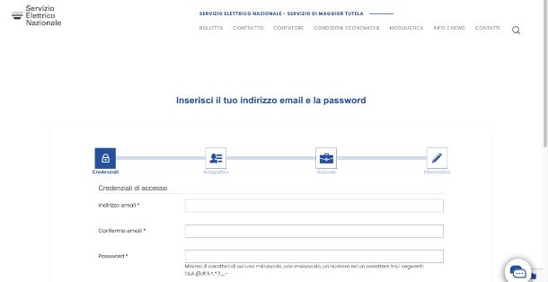 Schermata di registrazioni all'Area Clienti del Servizio Elettrico Nazionale