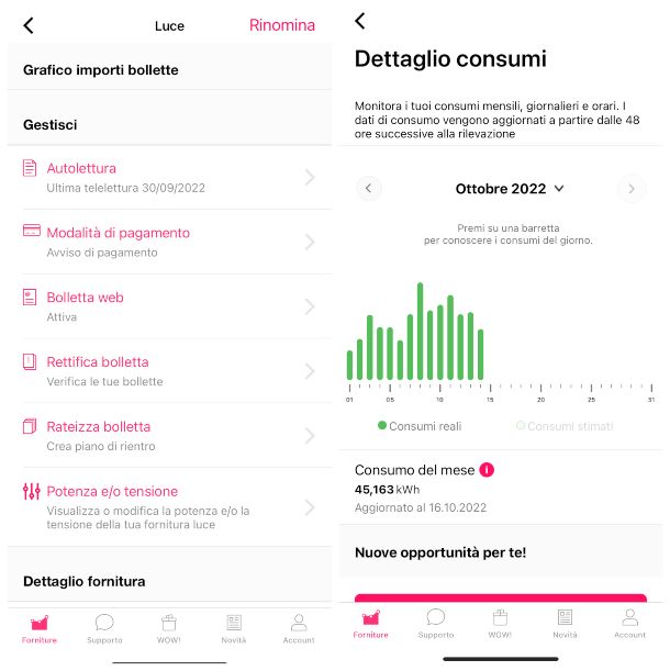 App enel Energia, schermata dei consumi