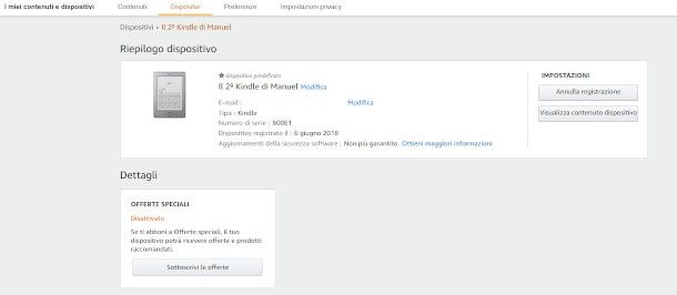 selezione lettore kindle associato all'account sito Amazon