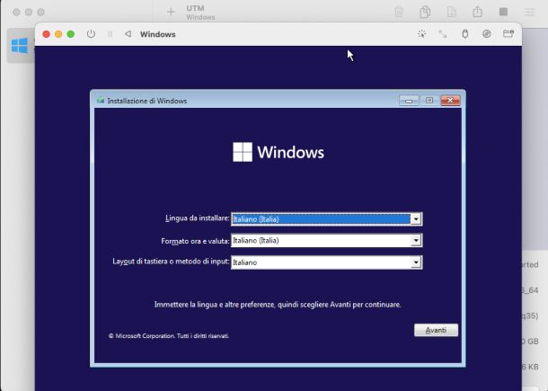 UTM: Windows Installer avviato