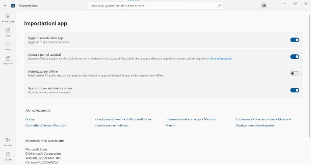 Schermata delle impostazioni di MicroSoft Store